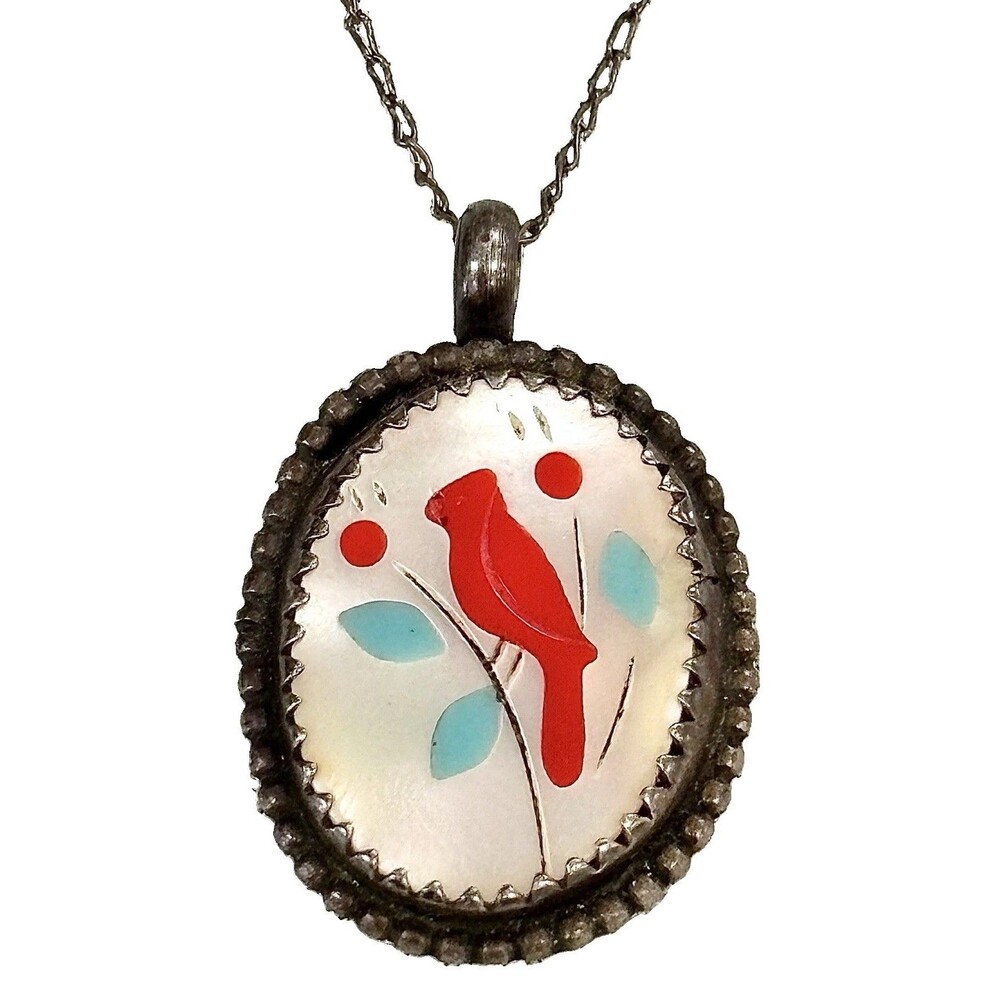 Vintage Native Zuni Sterling Silver SIGNED Cardinal MOP Inlay Pendant Necklace